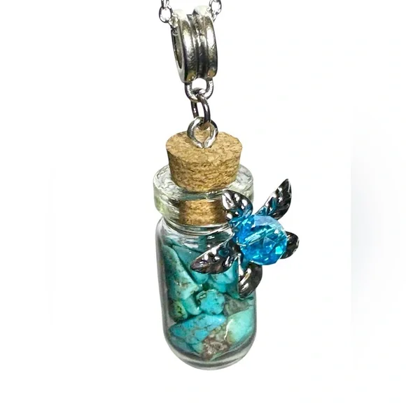 Wishing Bottle with Gemstone Chips and Crystal Center Flower on 925 Chain - Picture 8 of 14